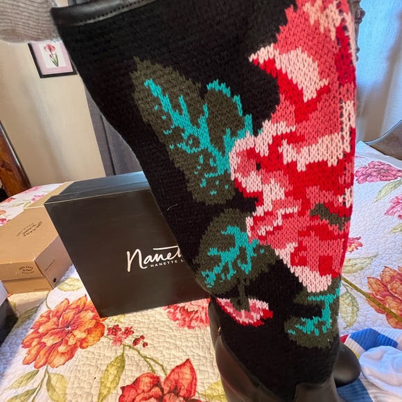 Nanette Lepore Black Leather Floral Knit Boots - Picture 3 of 11